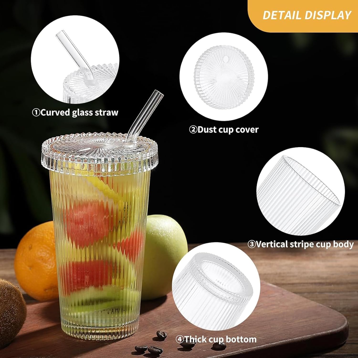 Glass Cups with Lids and Straws, Vertical Striped Glass Water Cup with Lid and Straw, Milk Tea, Juice, Ideal Glasss Cups for Home and Office Use (400ML, Pack of 4, Vertical Striped)