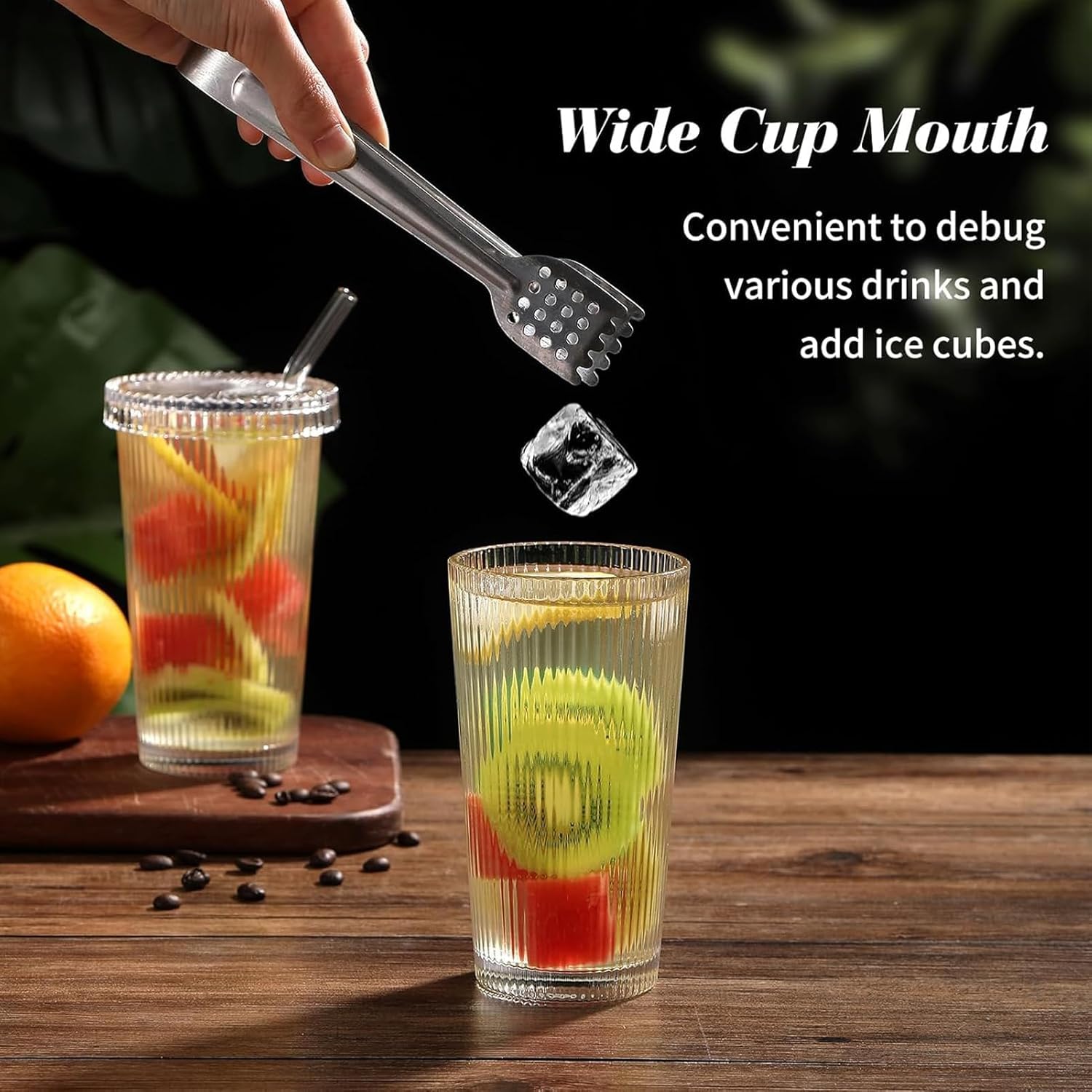 Glass Cups with Lids and Straws, Vertical Striped Glass Water Cup with Lid and Straw, Milk Tea, Juice, Ideal Glasss Cups for Home and Office Use (400ML, Pack of 4, Vertical Striped)