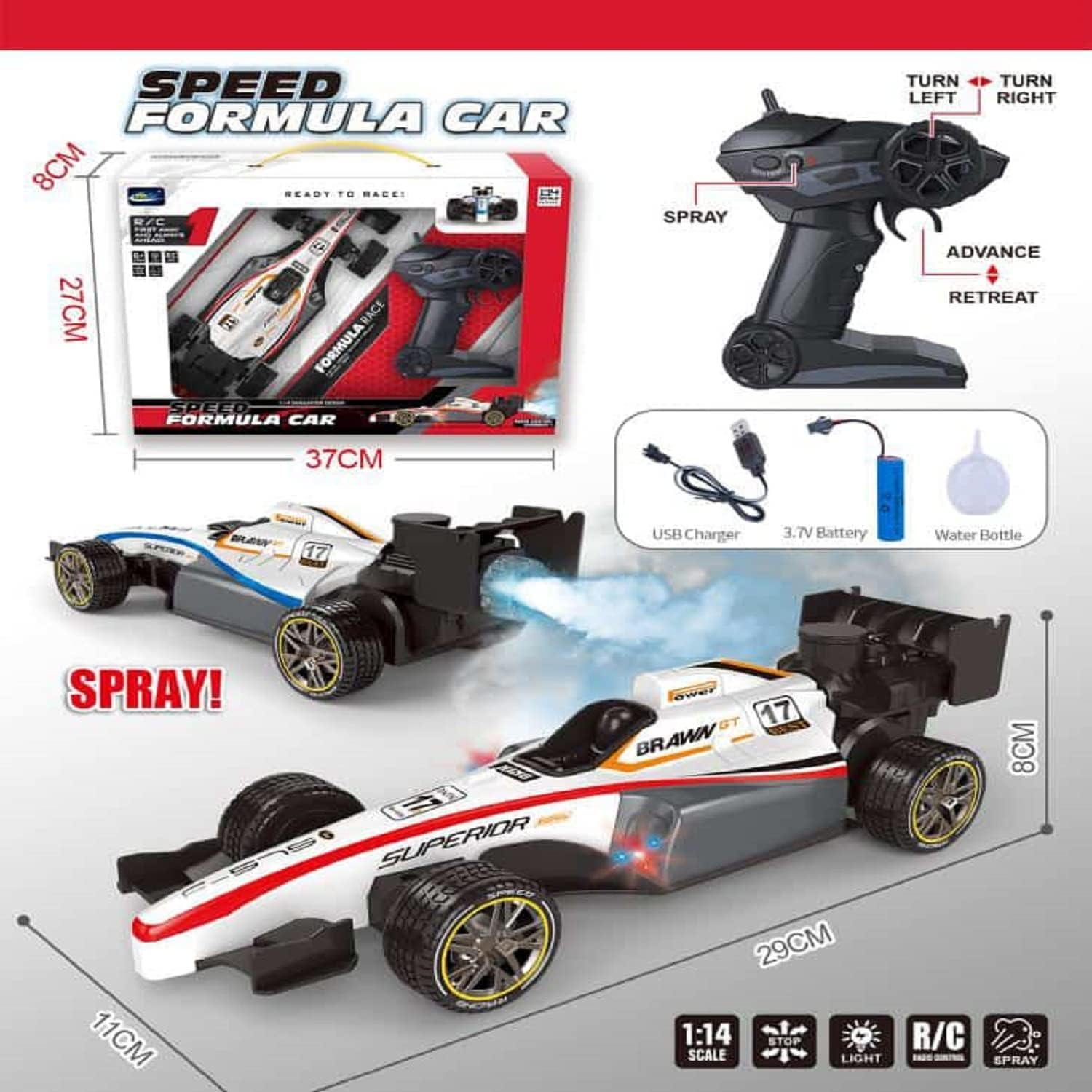 High-Speed Remote Control Formula Racing Model Car Toy - Blue/Red Strips I Scale 1:14 and Large Size 29 cm I Pack of 1 I White Colour with Red