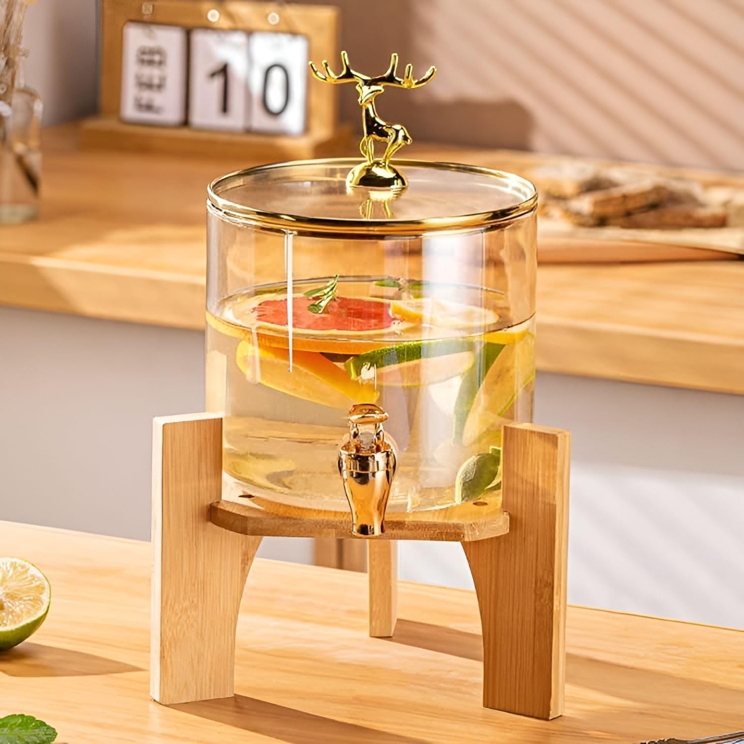 Glass Beverage Dispenser with Wooden Stand, 2.6 Liter Capacity, Airtight Lid, Wide Mouth Design for Juice, Water, Beer, Home and Party Use