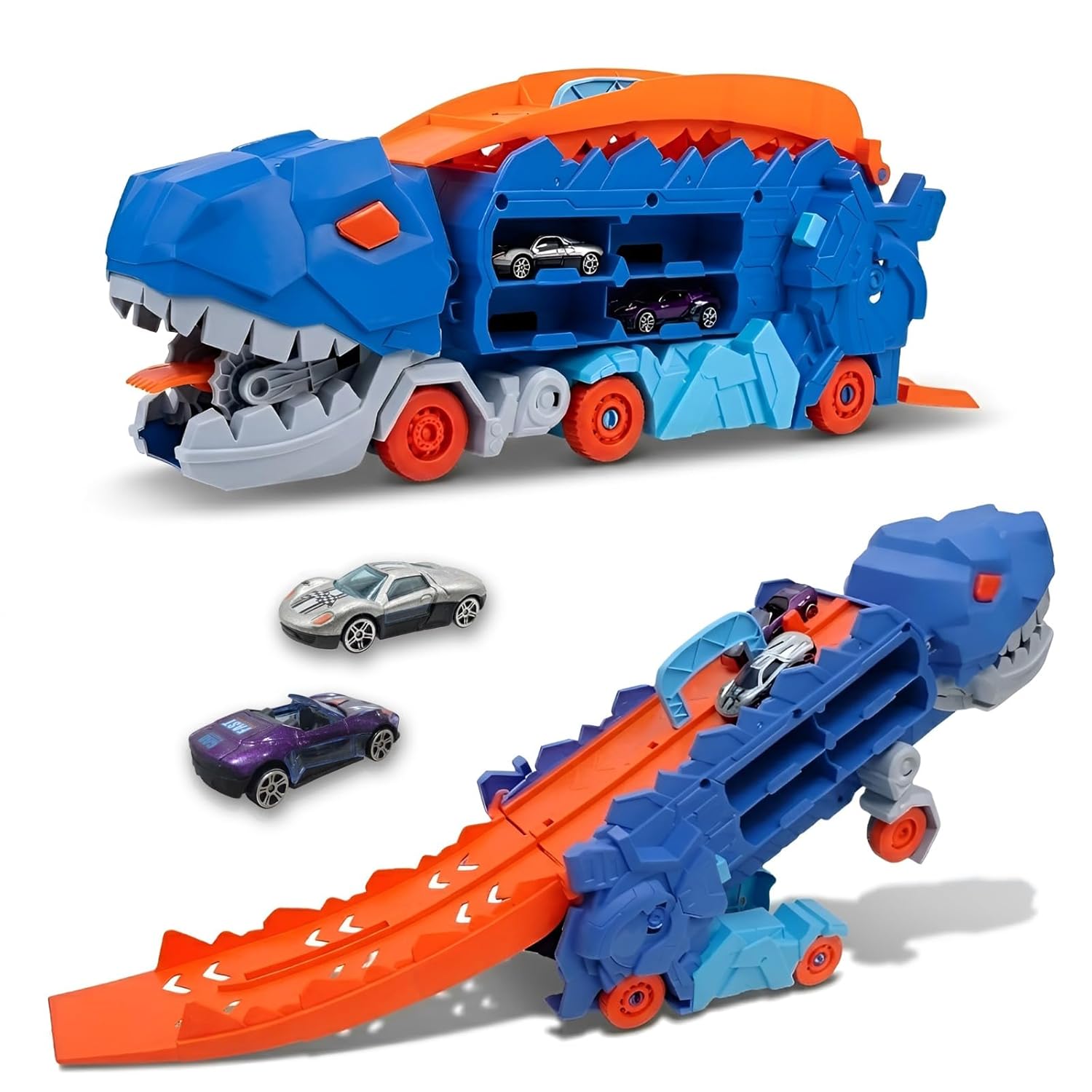 Dinosaur Parking Lot Playset for Kids – 2-in-1 Dino Garage with Launcher, Storage Compartment & 1:64 Alloy Mini Racing Cars, Transforming Dinosaur Car Toy for 3+ Years Boys & Girls