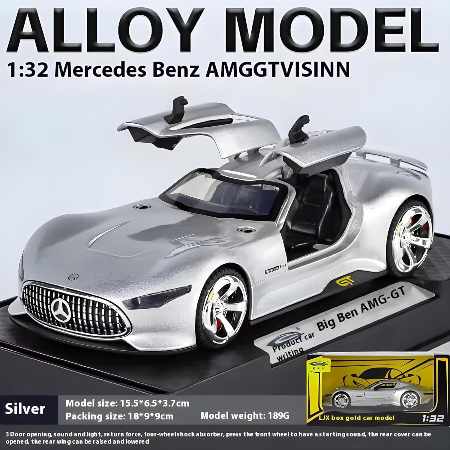 Compatible for 1:32 Scale Mercedes Vision AMG GT Diecast Toy Car Model | Pull Back Alloy Metal Toy with Openable Doors, Realistic Sound & Light