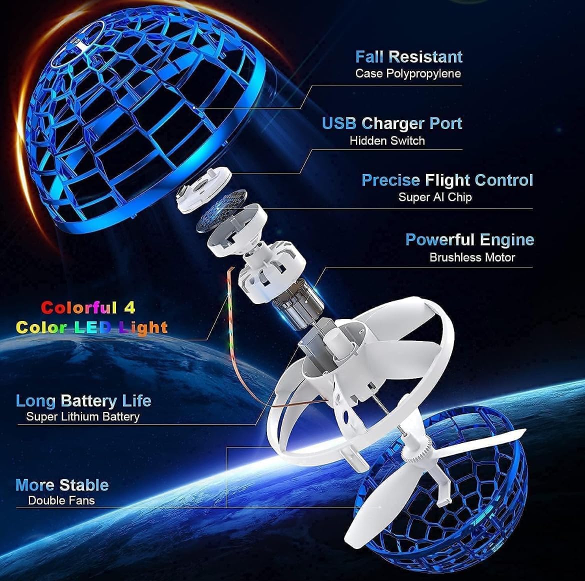 Magic Flying Spinner Ball Toy – 360° Light-Up Boomerang Ball with LED Lights & USB Charging | Hand Controlled Night Flying Toy for Kids (Multicolor)