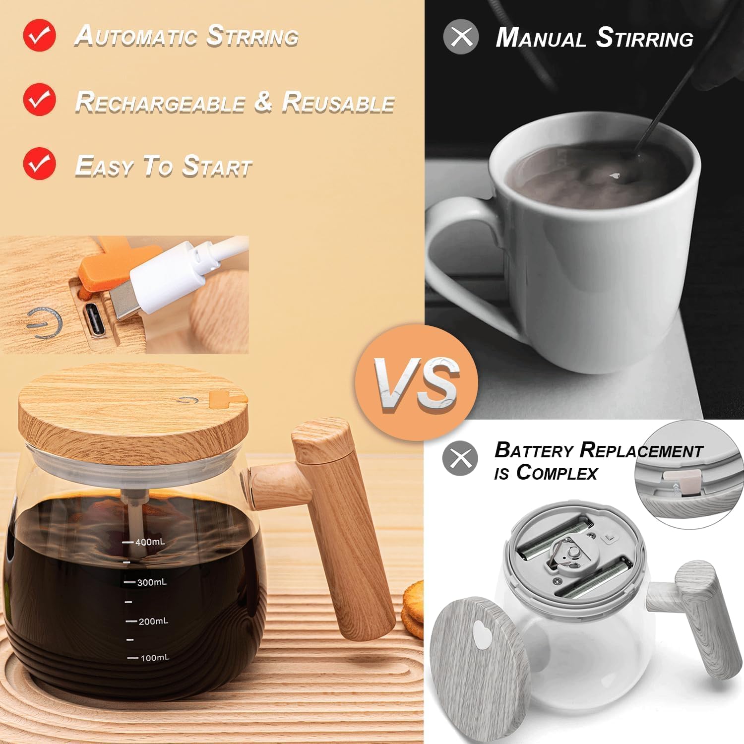 Wooden Handle Mug Shaker | Automatic Electric Mixing Coffee Cup | Food-Grade Borosilicate Glass | Stir Hot & Cold Beverages Easily | Portable Electric Stirring Mug for Latte, Coffee, Tea & Drinks