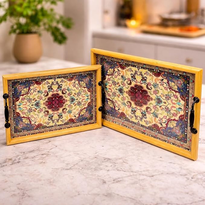 Premium Wooden Serving Tray Set of 2 (13 Inch & 16 Inch) | Persian Design Decorative Trays with Handles | Tea, Coffee, Snack & Breakfast Serving Trays for Home & Gifting