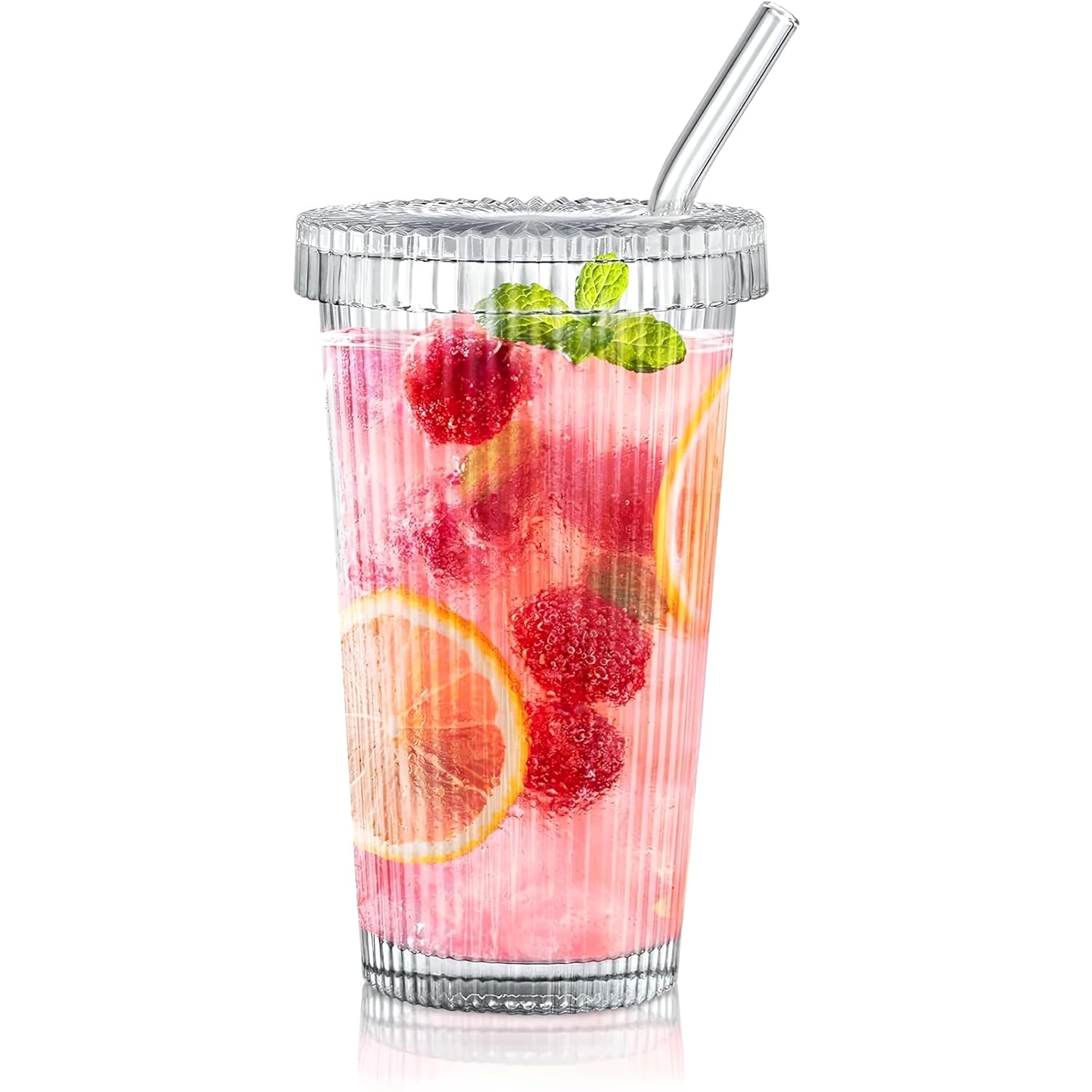 Glass Cups with Lids and Straws, Vertical Striped Glass Water Cup with Lid and Straw, Milk Tea, Juice, Ideal Glasss Cups for Home and Office Use (400ML, Pack of 4, Vertical Striped)