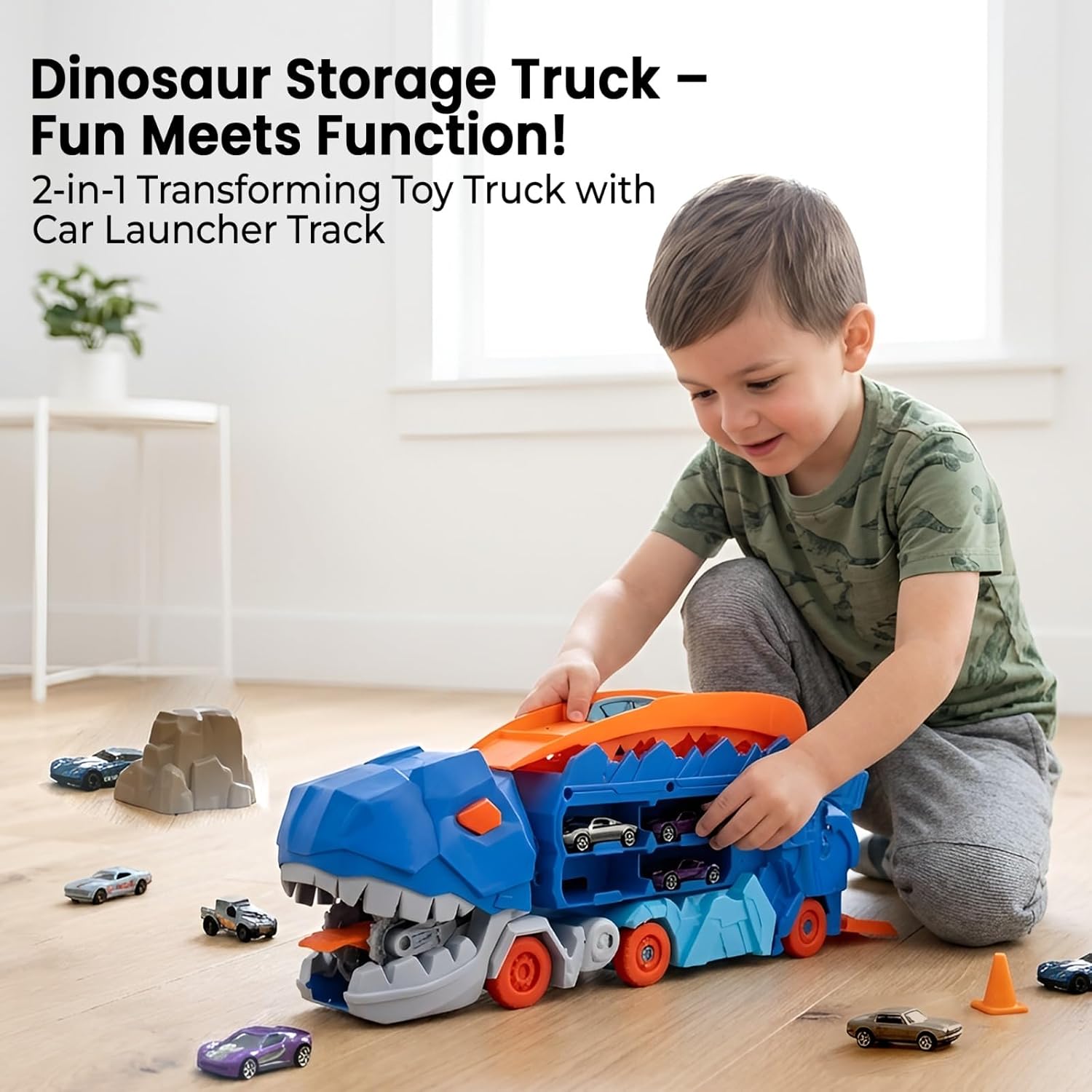 Dinosaur Parking Lot Playset for Kids – 2-in-1 Dino Garage with Launcher, Storage Compartment & 1:64 Alloy Mini Racing Cars, Transforming Dinosaur Car Toy for 3+ Years Boys & Girls
