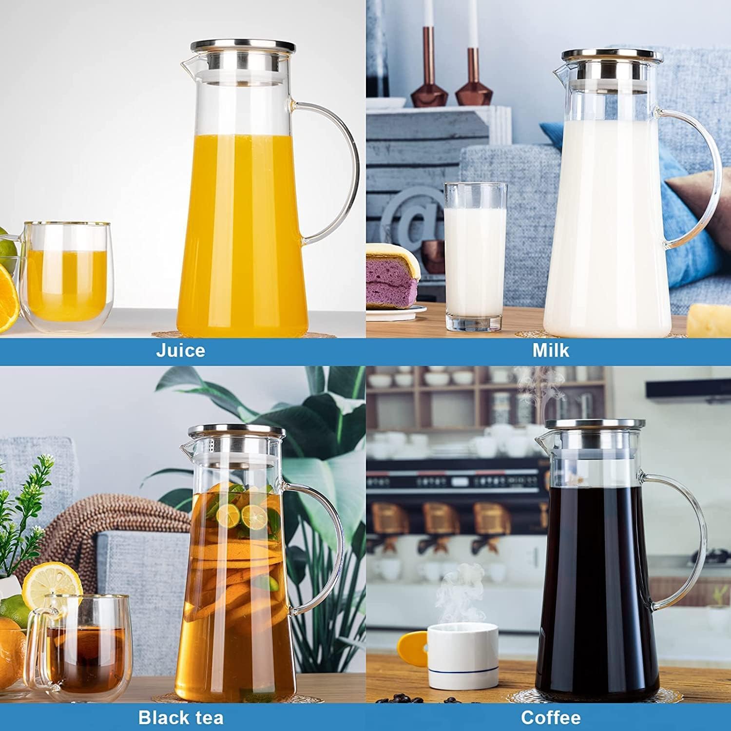 Premium Glass Water Jug - 1.3 LTR, Transparent, Hot Cold Water Pitcher with Lid Water Jug, Iced Tea, Milk and Juice Beverage Carafe, Lemon Jug, 1.30 Liter (Borosilicate JUG 1.3 LIETER) - 1 pic