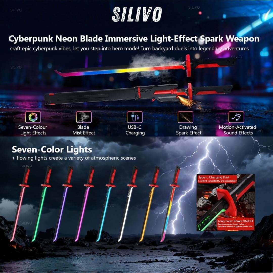 Rechargeable LED Sword with Smoke & Spark Effects, MultiColor Light Blade with Sound FX, Anime-Inspired Cosplay Katana for Roleplay, Halloween, Parties, Collectors, and Display