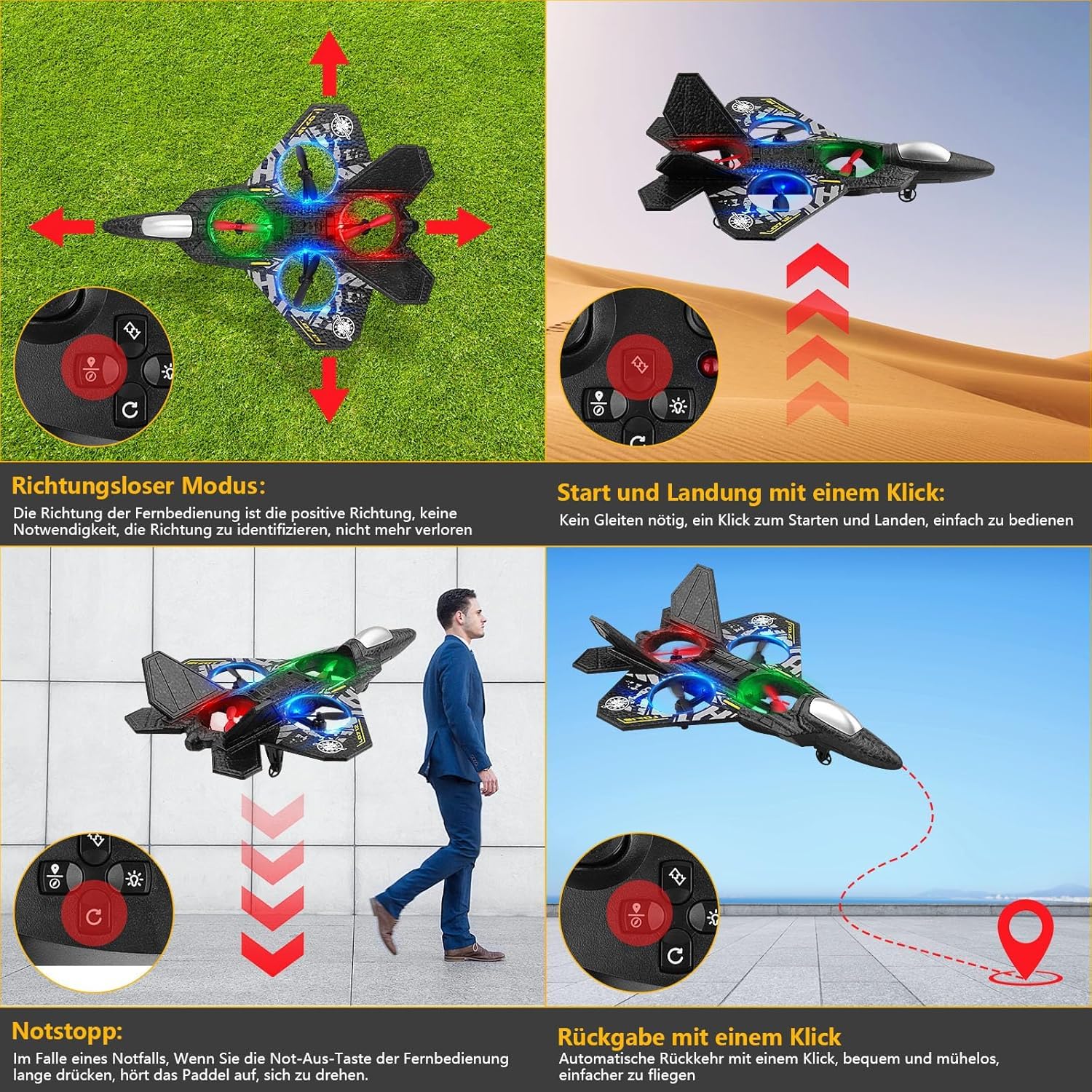 RC Aeroplane 2.4GHz Remote Controlled L0712 Quadcopter Floating Fighter Aircraft RTF for Beginners/Children/Adults, Toy with Coloured Lights USB Charging