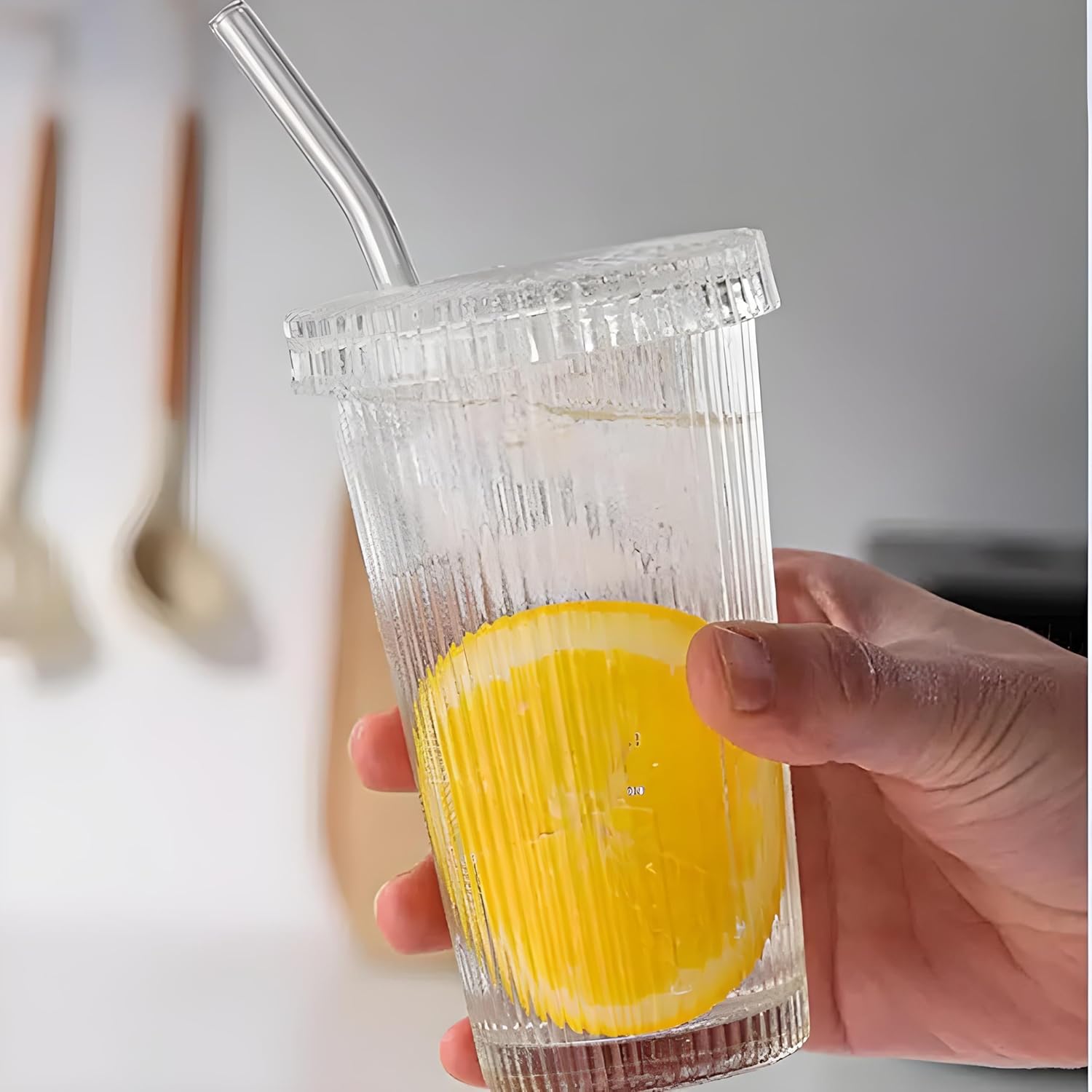 Glass Cups with Lids and Straws, Vertical Striped Glass Water Cup with Lid and Straw, Milk Tea, Juice, Ideal Glasss Cups for Home and Office Use (400ML, Pack of 4, Vertical Striped)