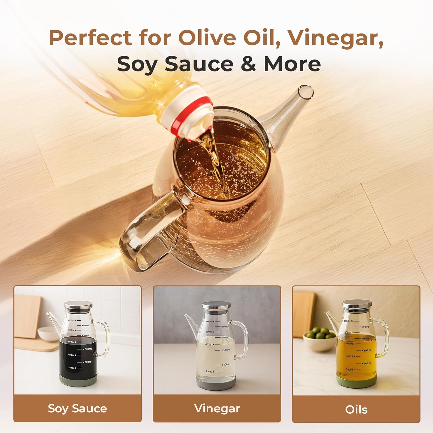 Glass Oil Dispenser Bottle 1000ml for Kitchen | Leakproof Olive Oil Bottle with Pourer | Borosilicate Glass, Measurement Scale, Drip Free Spout