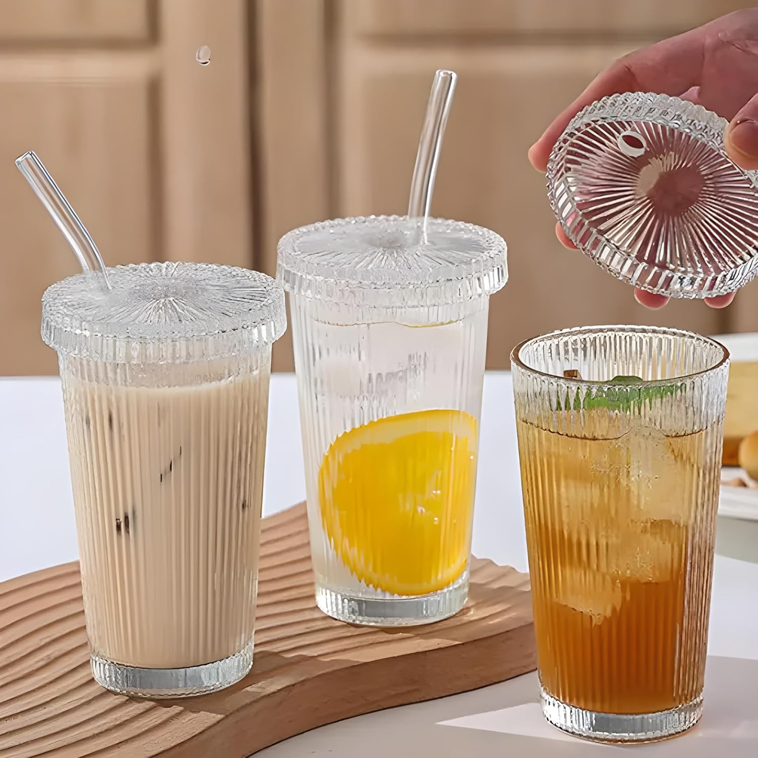 Glass Cups with Lids and Straws, Vertical Striped Glass Water Cup with Lid and Straw, Milk Tea, Juice, Ideal Glasss Cups for Home and Office Use (400ML, Pack of 4, Vertical Striped)