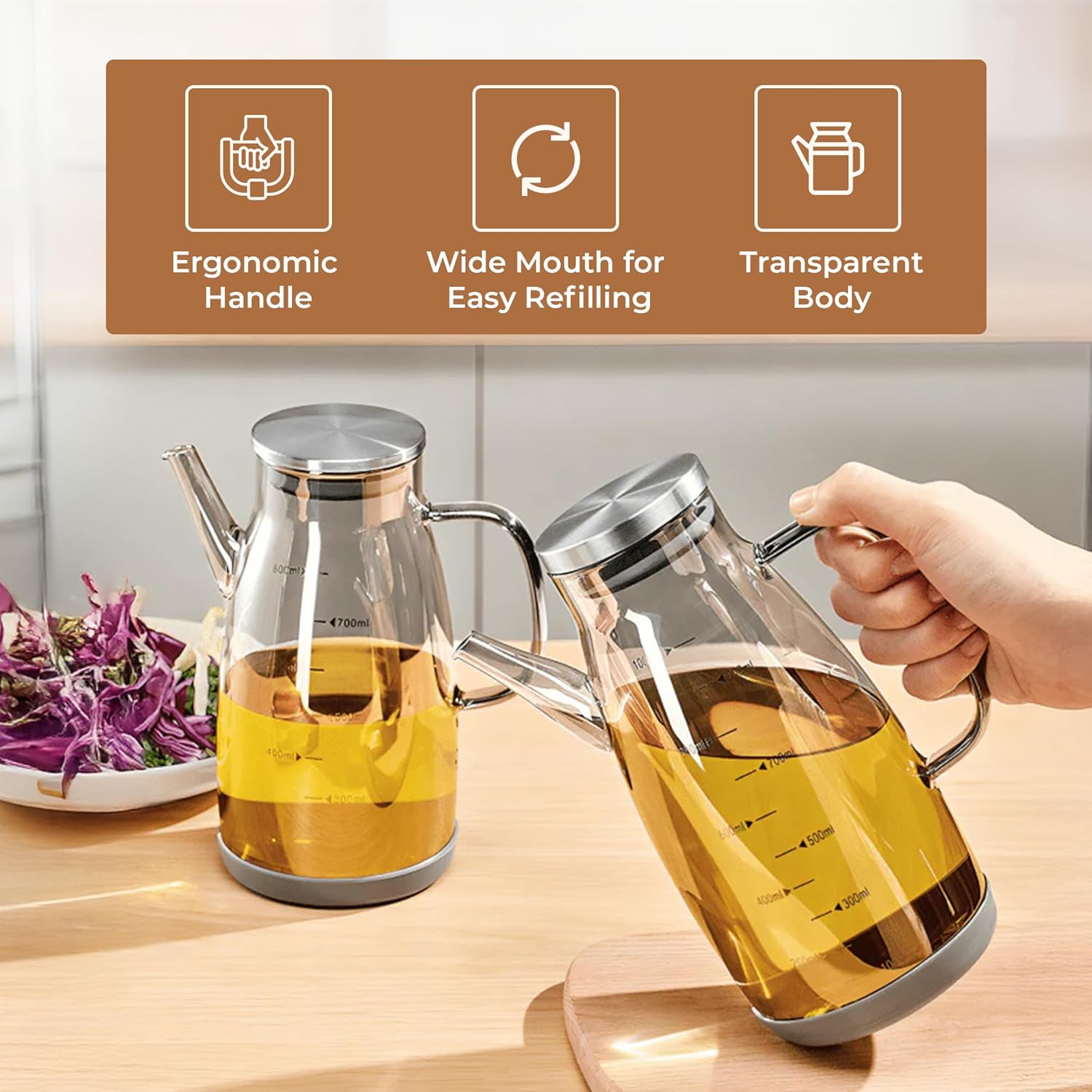 Glass Oil Dispenser Bottle 1000ml for Kitchen | Leakproof Olive Oil Bottle with Pourer | Borosilicate Glass, Measurement Scale, Drip Free Spout