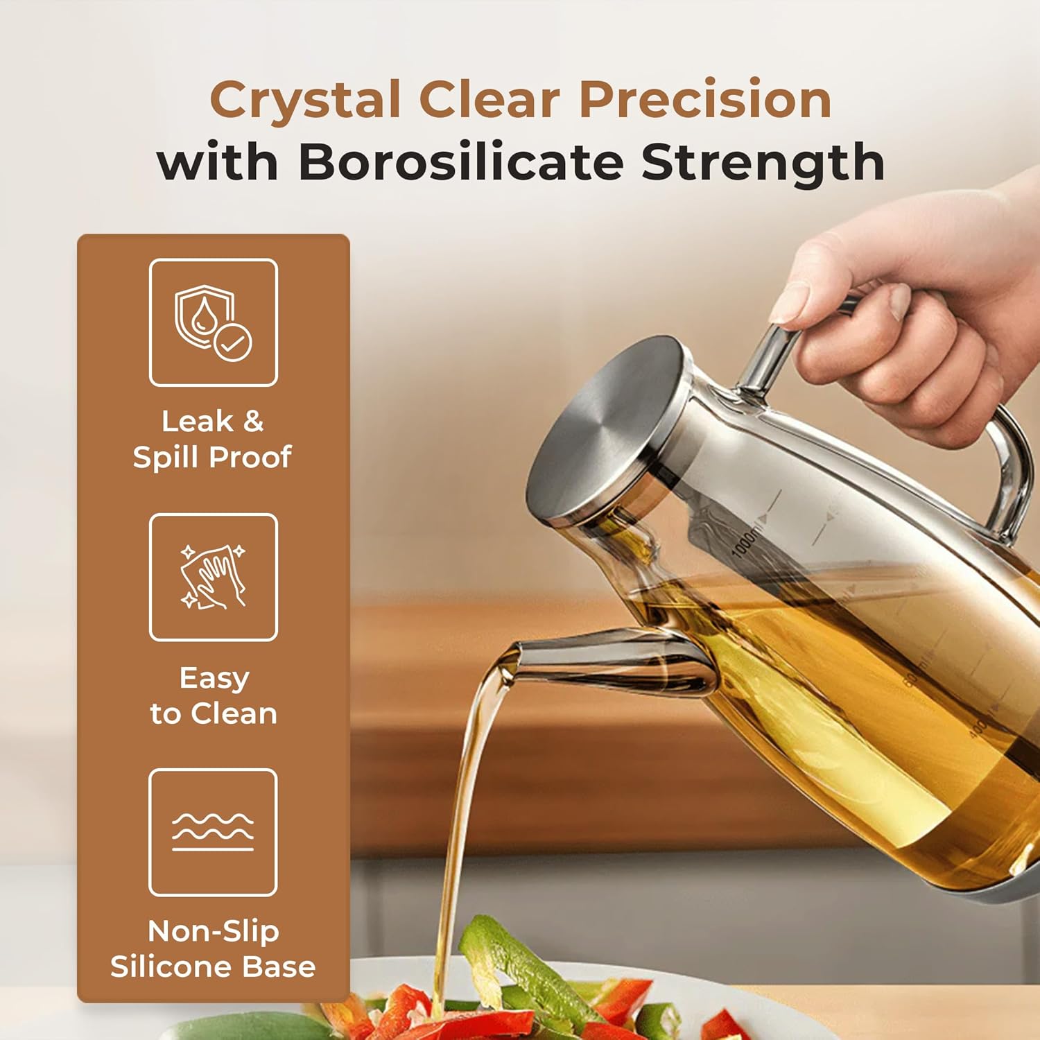 Glass Oil Dispenser Bottle 1000ml for Kitchen | Leakproof Olive Oil Bottle with Pourer | Borosilicate Glass, Measurement Scale, Drip Free Spout