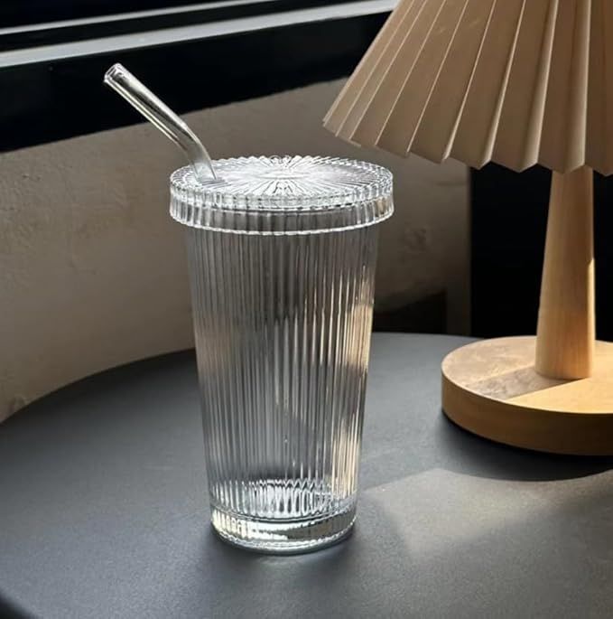 Glass Cups with Lids and Straws, Vertical Striped Glass Water Cup with Lid and Straw, Milk Tea, Juice, Ideal Glasss Cups for Home and Office Use (400ML, Pack of 4, Vertical Striped)