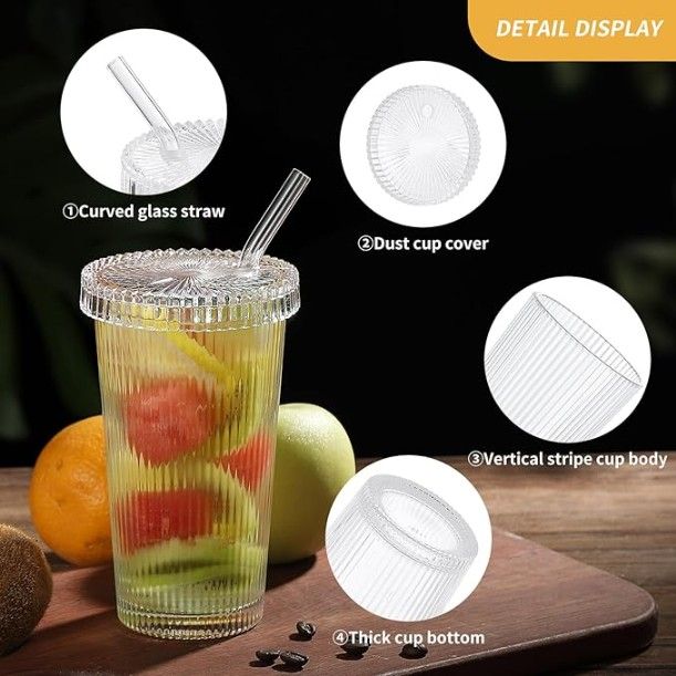 Glass Cups with Lids and Straws, Vertical Striped Glass Water Cup with Lid and Straw, Milk Tea, Juice, Ideal Glasss Cups for Home and Office Use (400ML, Pack of 4, Vertical Striped)