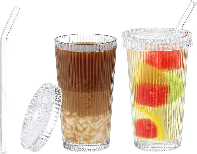 Glass Cups with Lids and Straws, Vertical Striped Glass Water Cup with Lid and Straw, Milk Tea, Juice, Ideal Glasss Cups for Home and Office Use (400ML, Pack of 4, Vertical Striped)