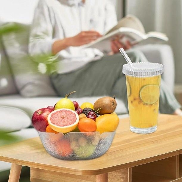 Glass Cups with Lids and Straws, Vertical Striped Glass Water Cup with Lid and Straw, Milk Tea, Juice, Ideal Glasss Cups for Home and Office Use (400ML, Pack of 4, Vertical Striped)
