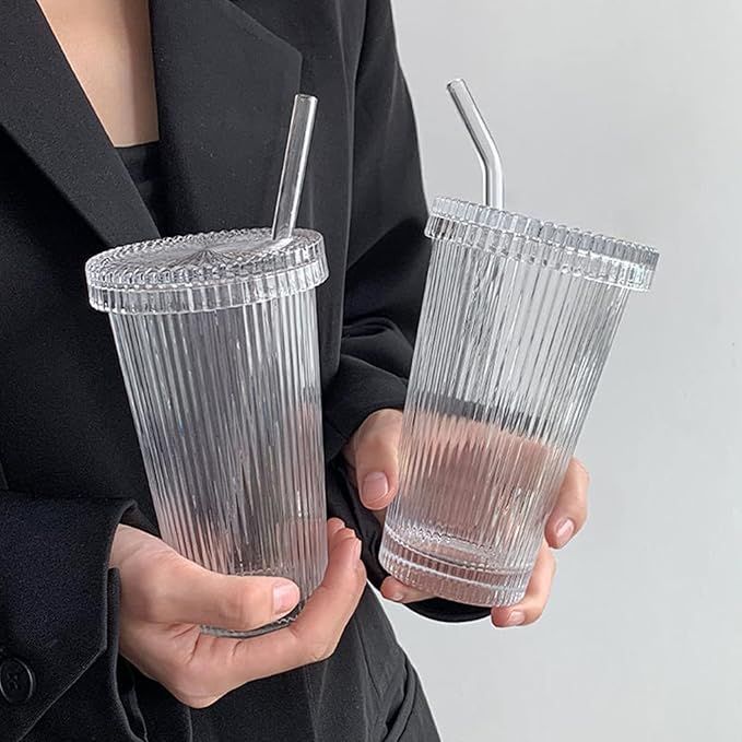 Glass Cups with Lids and Straws, Vertical Striped Glass Water Cup with Lid and Straw, Milk Tea, Juice, Ideal Glasss Cups for Home and Office Use (400ML, Pack of 4, Vertical Striped)