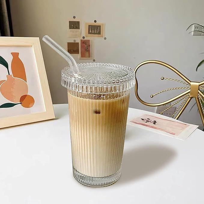 Glass Cups with Lids and Straws, Vertical Striped Glass Water Cup with Lid and Straw, Milk Tea, Juice, Ideal Glasss Cups for Home and Office Use (400ML, Pack of 4, Vertical Striped)