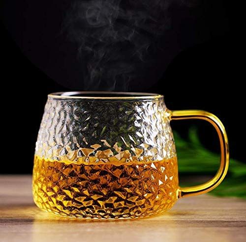 450 ml Golden Handle Glass Mug – 450ml Heat‑Resistant Borosilicate Glass Tea & Coffee Cup with Textured Diamond Design, Microwave & Dishwasher Safe ( set of 4)
