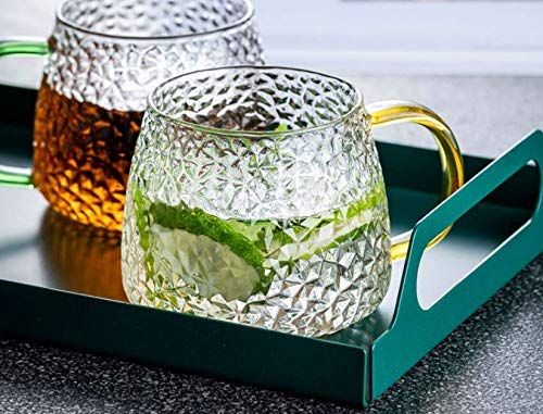 450 ml Golden Handle Glass Mug – 450ml Heat‑Resistant Borosilicate Glass Tea & Coffee Cup with Textured Diamond Design, Microwave & Dishwasher Safe ( set of 4)