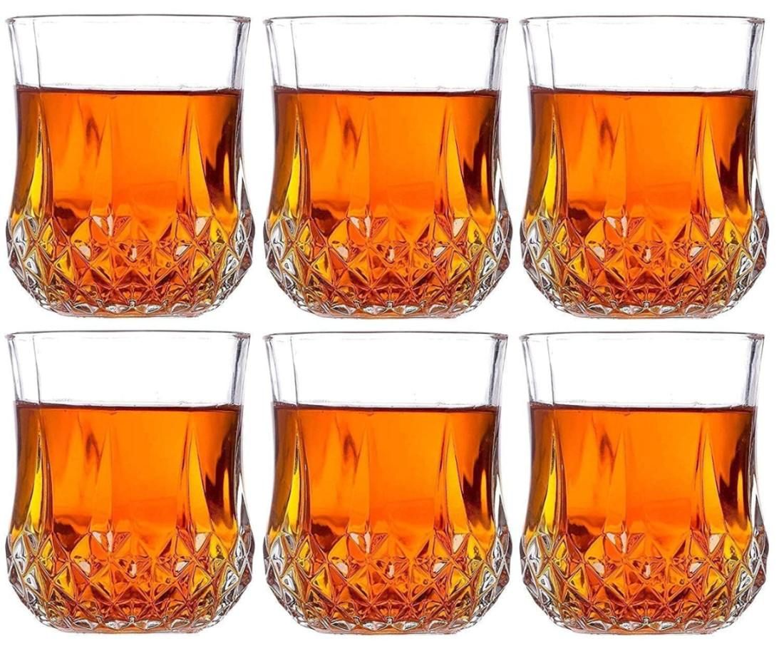 Short Rajwadi Glass Set – 210ml Crystal-Style Glasses (6 Pcs) – Elegant Barware for Whiskey, Juice, Water, and Soft Drinks