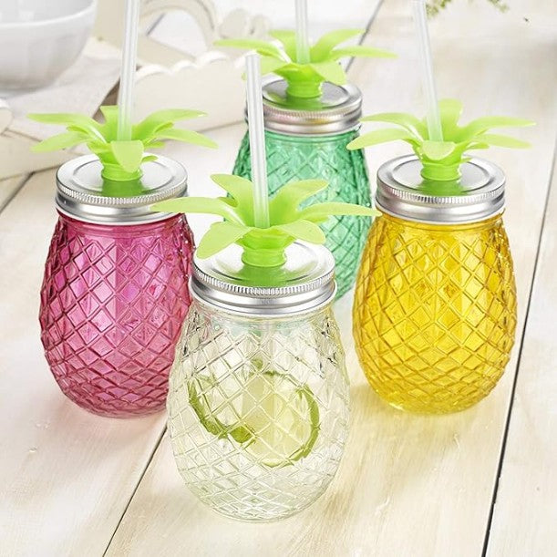 Pineapple Mason Jar with Lid & Straw, 450ML – Fun Tropical Design with Leaf Top, Reusable & Durable Drinkware ( pake of 4)