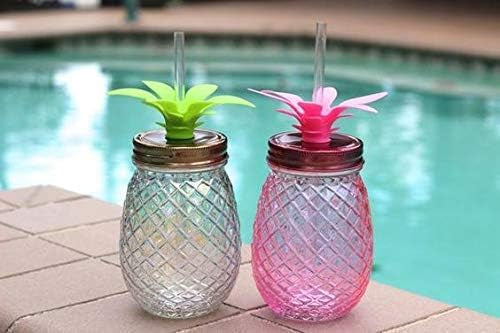 Pineapple Mason Jar with Lid & Straw, 450ML – Fun Tropical Design with Leaf Top, Reusable & Durable Drinkware ( pake of 4)
