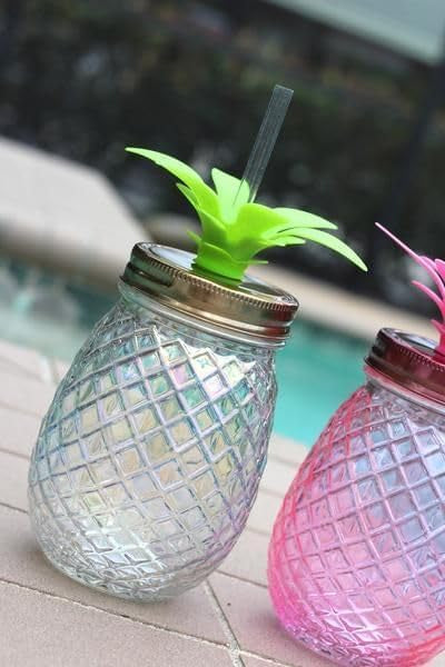 Pineapple Mason Jar with Lid & Straw, 450ML – Fun Tropical Design with Leaf Top, Reusable & Durable Drinkware ( pake of 4)