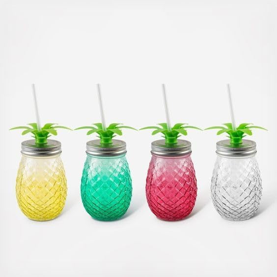 Pineapple Mason Jar with Lid & Straw, 450ML – Fun Tropical Design with Leaf Top, Reusable & Durable Drinkware ( pake of 4)