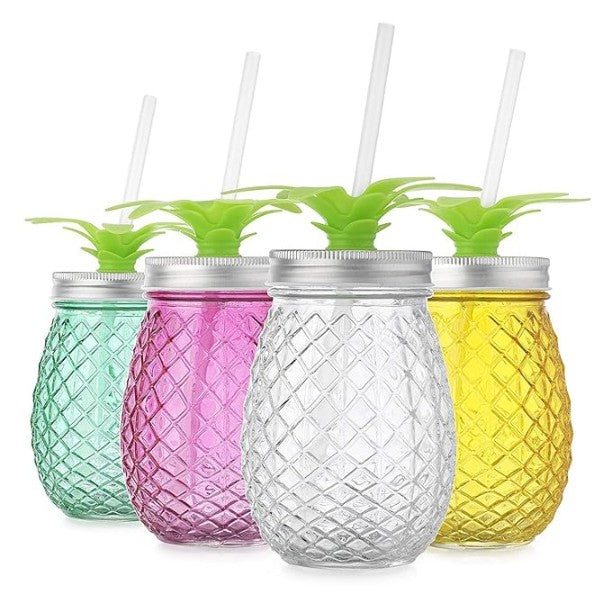 Pineapple Mason Jar with Lid & Straw, 450ML – Fun Tropical Design with Leaf Top, Reusable & Durable Drinkware ( pake of 4)