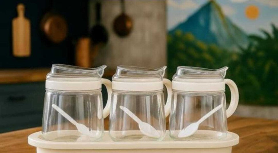400ML Glass Pickle Jar with Tray Spoons| Kitchen Storage Container, Serving,Dryfruit Spices, Sauces, Chutney, Masala, Mukhwas, Achar Masala Box Condiment Set Transparent( Pake of 03)