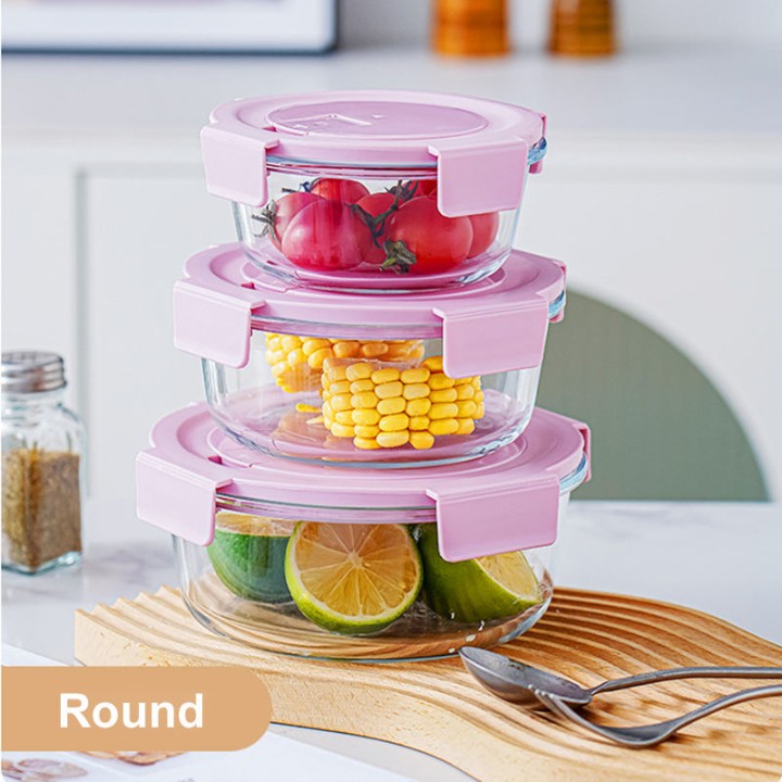 Premium Glass Food Storage Container Set with Airtight Locking Lids 3 Pcs Set Round Nesting Bowls for Kitchen Organization