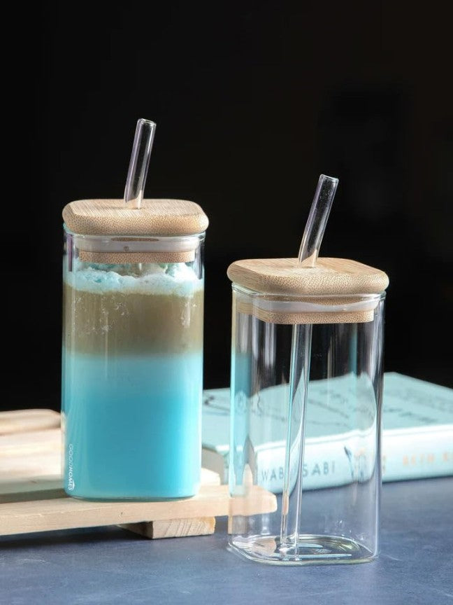 Square Mason Jar Mug 410 ml – Glass Cup with Wooden Lid & Straw | Reusable Hot & Cold Drink Tumbler |