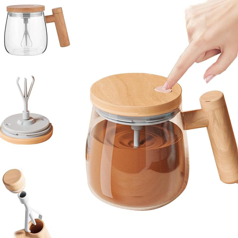 Wooden Handle Mug Shaker | Automatic Electric Mixing Coffee Cup | Food-Grade Borosilicate Glass | Stir Hot & Cold Beverages Easily | Portable Electric Stirring Mug for Latte, Coffee, Tea & Drinks