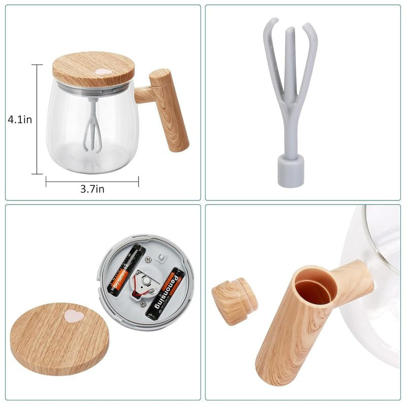 Wooden Handle Mug Shaker | Automatic Electric Mixing Coffee Cup | Food-Grade Borosilicate Glass | Stir Hot & Cold Beverages Easily | Portable Electric Stirring Mug for Latte, Coffee, Tea & Drinks