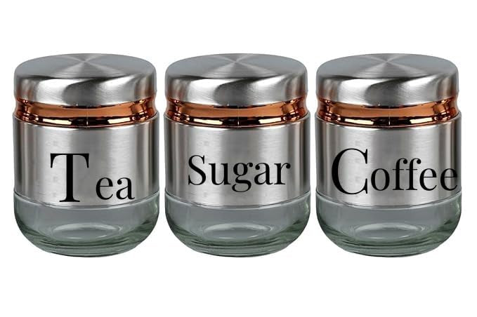 350ml Canister (Set of 3) | Premium Glass Jars with Stainless Steel Lids | Transparent Spices Masala Organizer | Airtight Kitchen Storage Containers for Tea, Coffee, Sugar