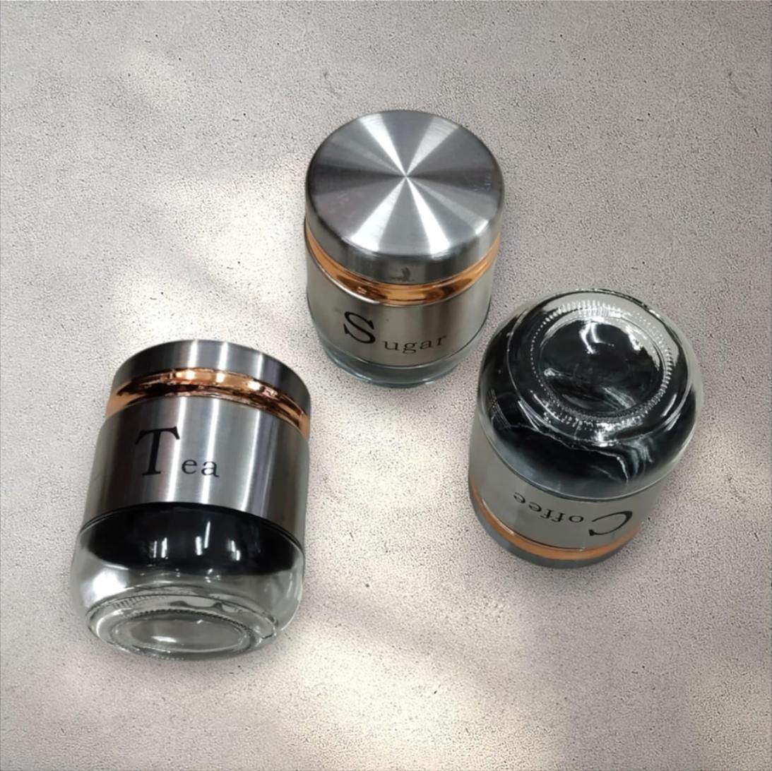 350ml Canister (Set of 3) | Premium Glass Jars with Stainless Steel Lids | Transparent Spices Masala Organizer | Airtight Kitchen Storage Containers for Tea, Coffee, Sugar