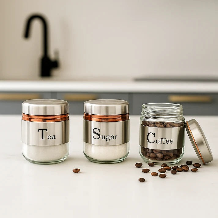 350ml Canister (Set of 3) | Premium Glass Jars with Stainless Steel Lids | Transparent Spices Masala Organizer | Airtight Kitchen Storage Containers for Tea, Coffee, Sugar