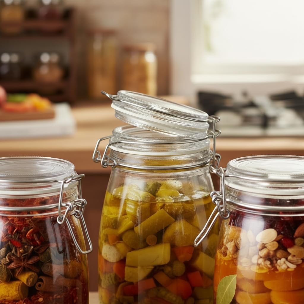 Glass Storage Jar with Airtight Swing Clamp Lid | Round Mason Canister 1L Wide Mouth Clear Glass Container for Pickle, Masala, Spices, Sugar, Cookies & Dry Fruits | (Pack of 3)