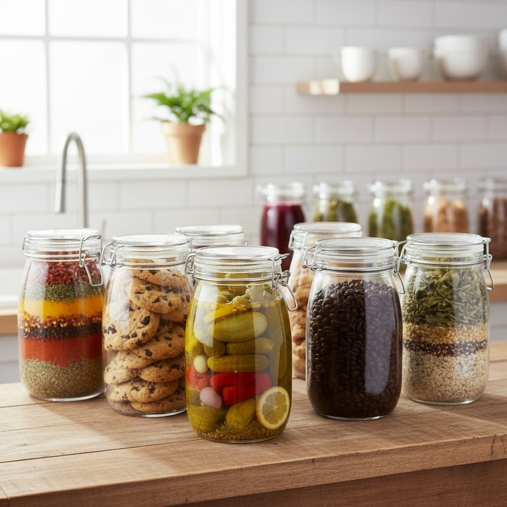 Glass Storage Jar with Airtight Swing Clamp Lid | Round Mason Canister 1L Wide Mouth Clear Glass Container for Pickle, Masala, Spices, Sugar, Cookies & Dry Fruits | (Pack of 3)