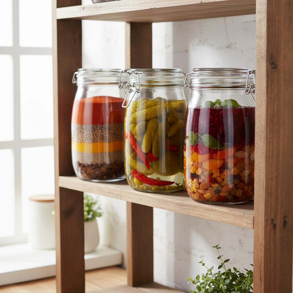 Glass Storage Jar with Airtight Swing Clamp Lid | Round Mason Canister 1L Wide Mouth Clear Glass Container for Pickle, Masala, Spices, Sugar, Cookies & Dry Fruits | (Pack of 3)
