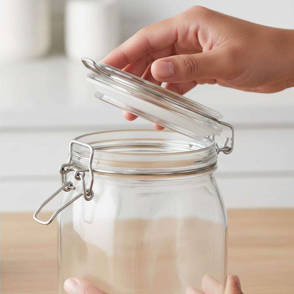 Glass Storage Jar with Airtight Swing Clamp Lid | Round Mason Canister 1L Wide Mouth Clear Glass Container for Pickle, Masala, Spices, Sugar, Cookies & Dry Fruits | (Pack of 3)