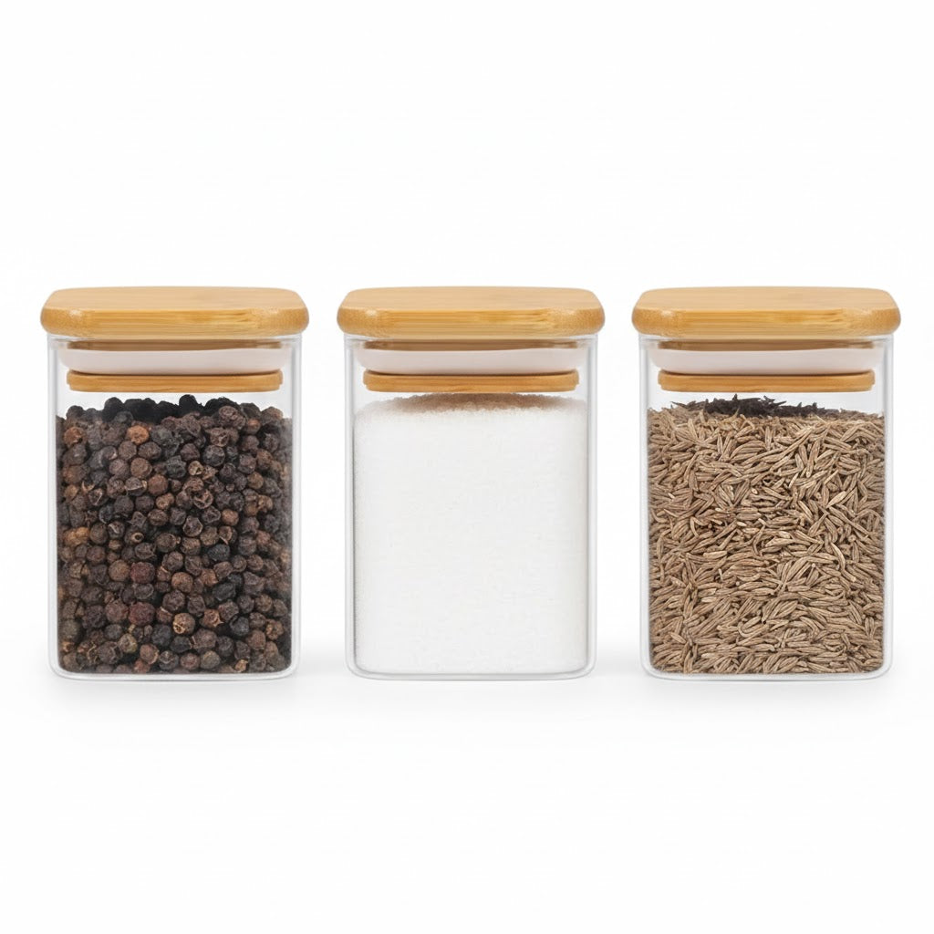 Premium Square Glass Spice Jar Set with Wooden Lid | 320 ML Airtight Kitchen Storage Container for Masala, Herbs & Dry Fruits( Set of 6)