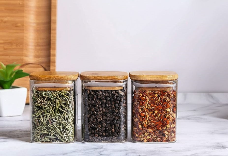 Premium Square Glass Spice Jar Set with Wooden Lid | 320 ML Airtight Kitchen Storage Container for Masala, Herbs & Dry Fruits( Set of 6)