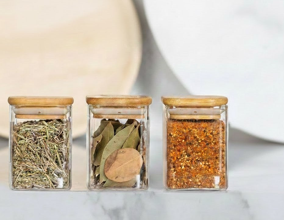 Premium Square Glass Spice Jar Set with Wooden Lid | 320 ML Airtight Kitchen Storage Container for Masala, Herbs & Dry Fruits( Set of 6)