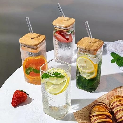 Square Mason Jar Mug 410 ml – Glass Cup with Wooden Lid & Straw | Reusable Hot & Cold Drink Tumbler |