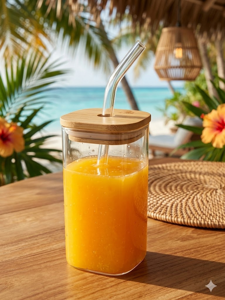 Square Mason Jar Mug 410 ml – Glass Cup with Wooden Lid & Straw | Reusable Hot & Cold Drink Tumbler |